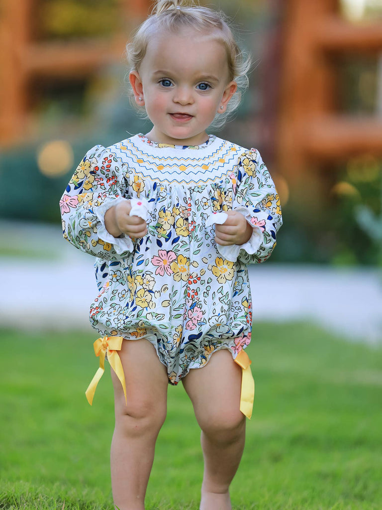 Embroidery Smocking Bow Floral Leaf Baby Girls Romper - The Edit LLC