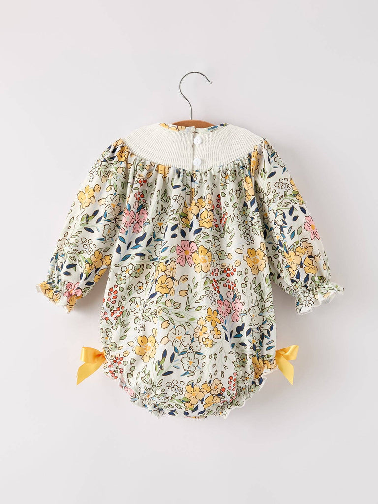 Embroidery Smocking Bow Floral Leaf Baby Girls Romper - The Edit LLC
