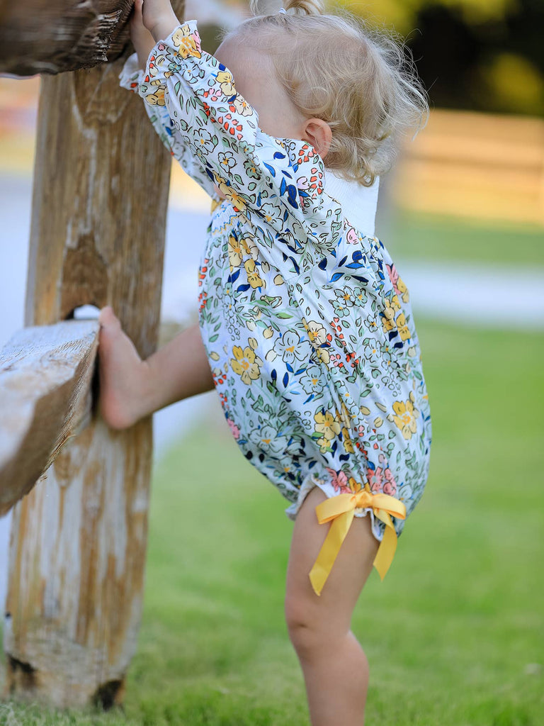Embroidery Smocking Bow Floral Leaf Baby Girls Romper - The Edit LLC