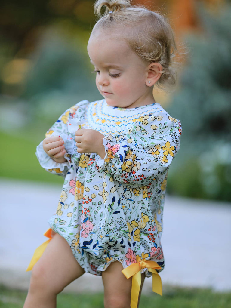 Embroidery Smocking Bow Floral Leaf Baby Girls Romper - The Edit LLC
