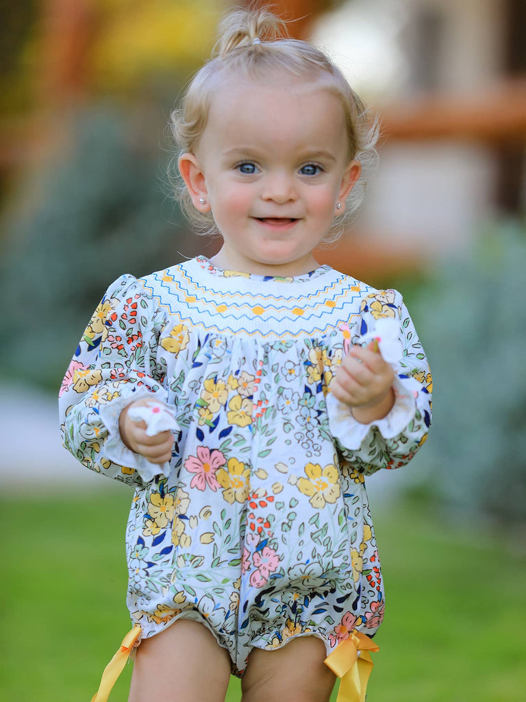 Embroidery Smocking Bow Floral Leaf Baby Girls Romper - The Edit LLC