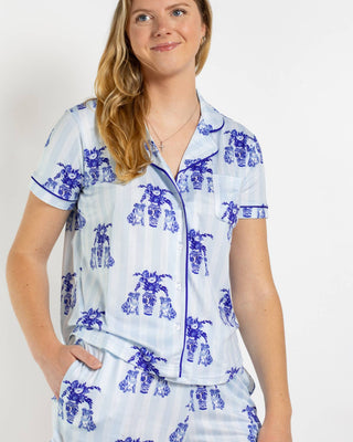 Callie Bulldog Short Sleeve Button Up Sleep Shirt    Blue/White   -Asst.: XSmall