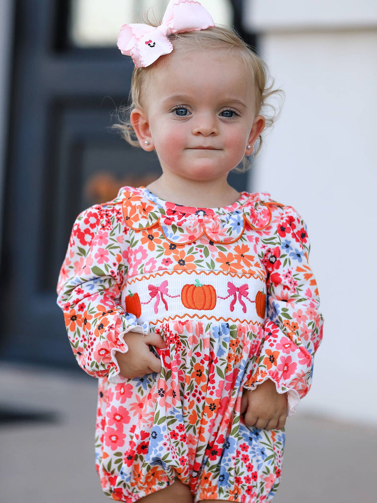 Fall Pumpkin Bow Smock Embroidered Floral Baby Girl Bubble - The Edit LLC