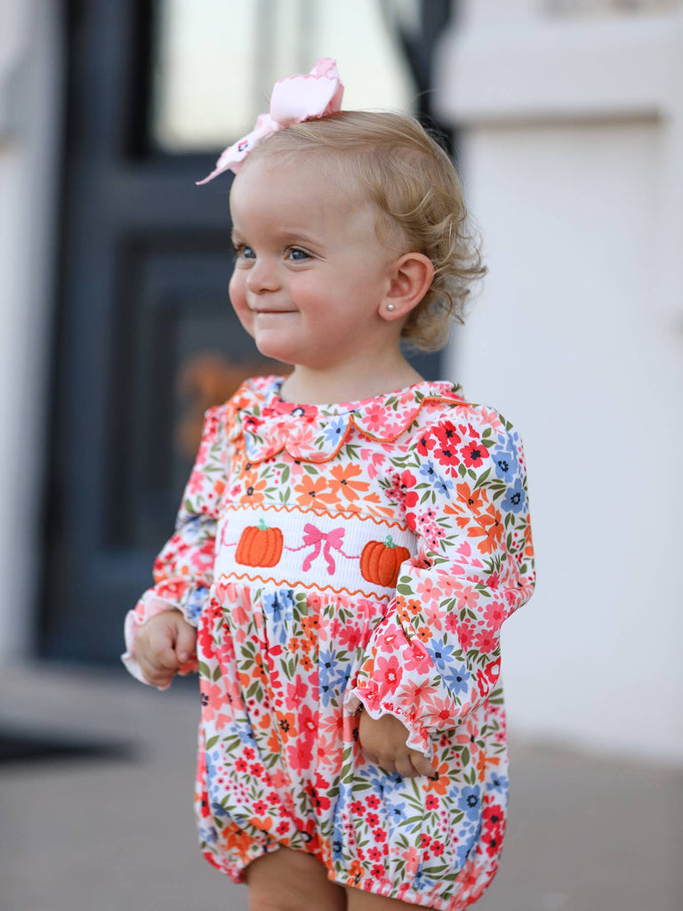 Fall Pumpkin Bow Smock Embroidered Floral Baby Girl Bubble - The Edit LLC