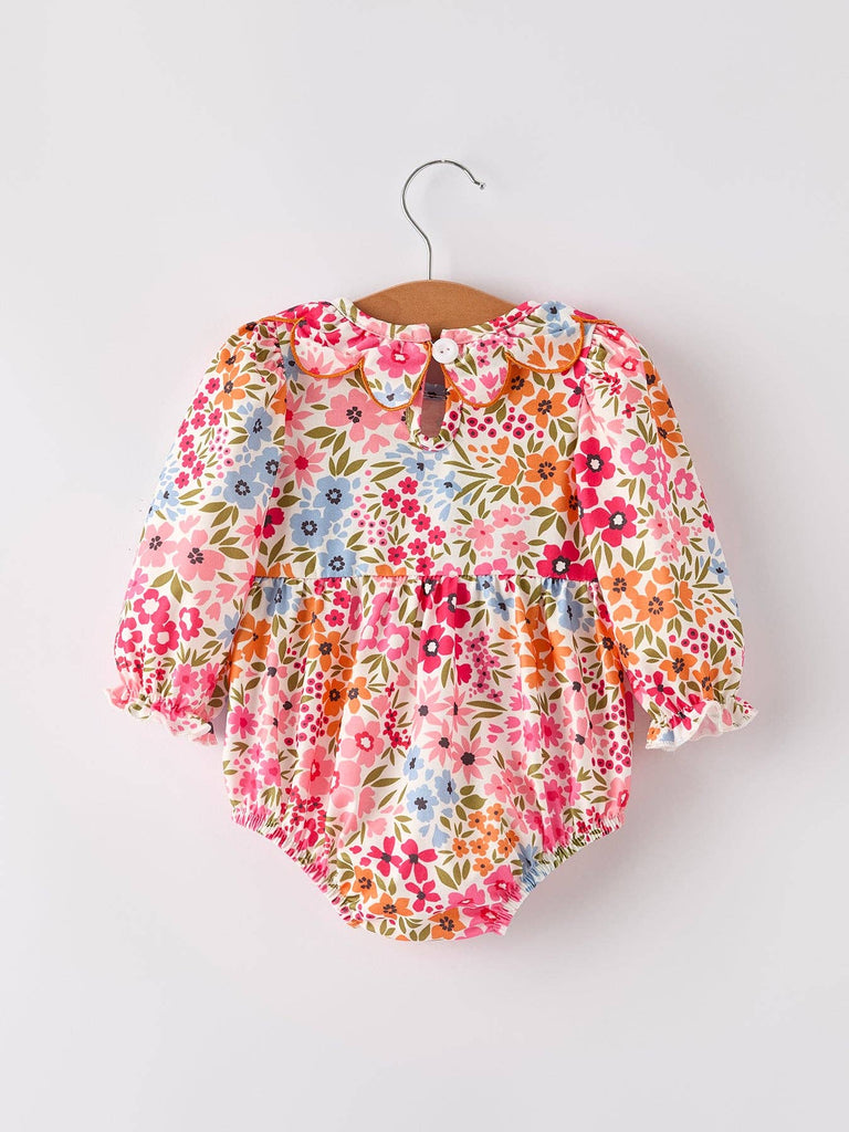Fall Pumpkin Bow Smock Embroidered Floral Baby Girl Bubble - The Edit LLC