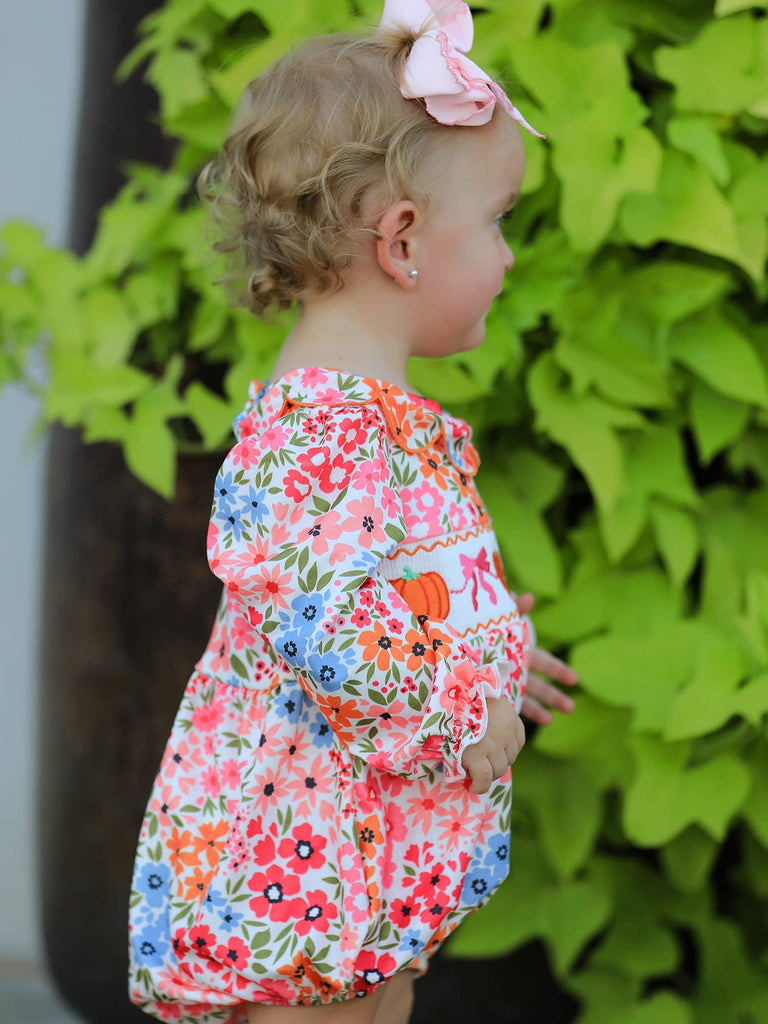 Fall Pumpkin Bow Smock Embroidered Floral Baby Girl Bubble - The Edit LLC