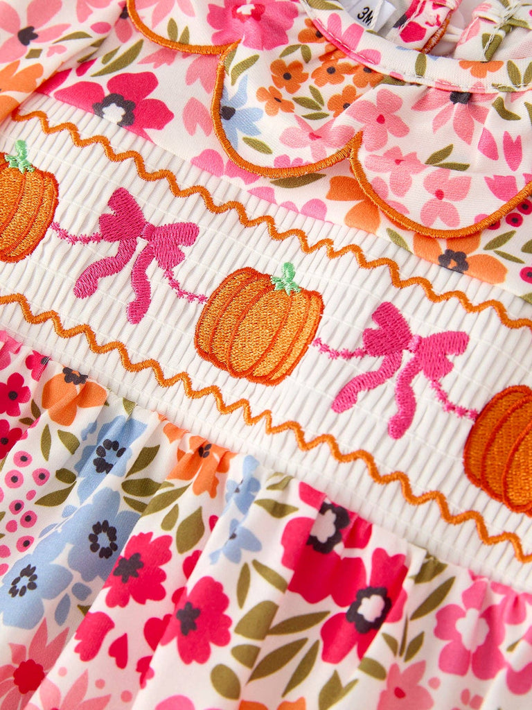 Fall Pumpkin Bow Smock Embroidered Floral Baby Girl Bubble - The Edit LLC
