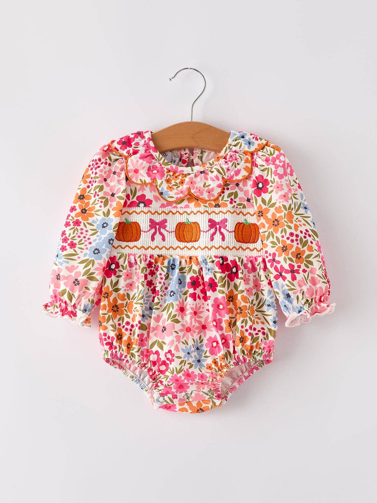 Fall Pumpkin Bow Smock Embroidered Floral Baby Girl Bubble - The Edit LLC