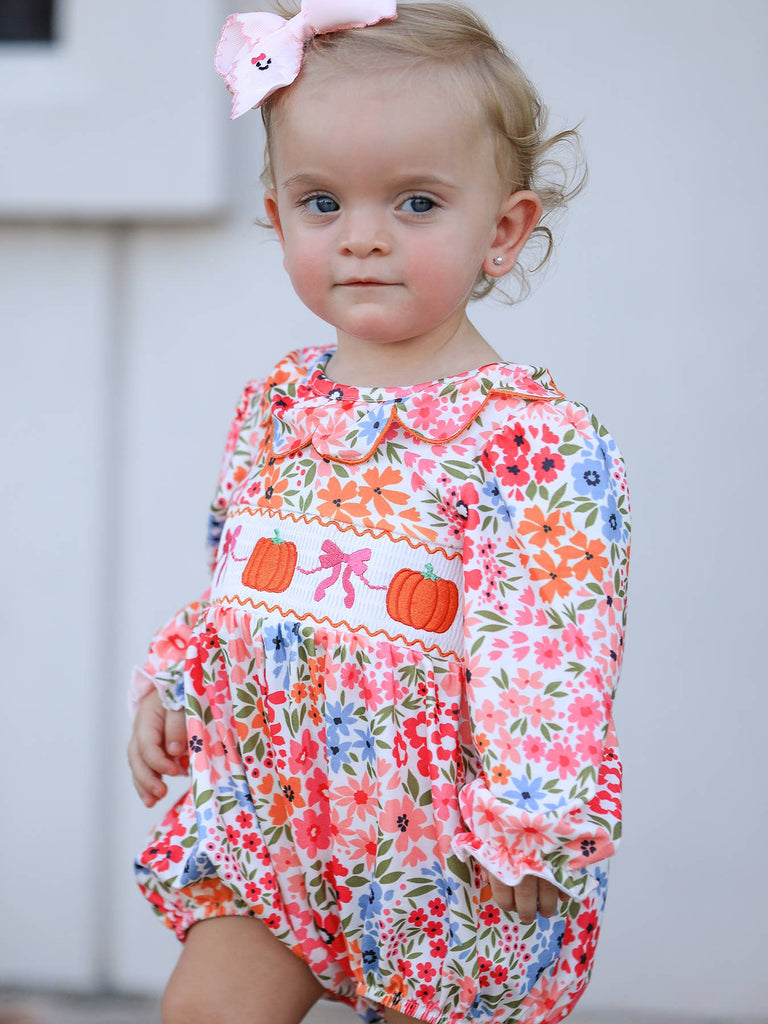 Fall Pumpkin Bow Smock Embroidered Floral Baby Girl Bubble - The Edit LLC