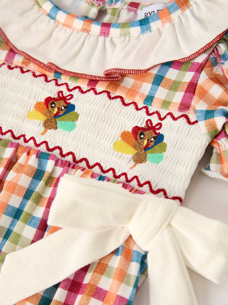 Fall Thanksgiving Color Plaid Turkey Embroidery Smocked Girls Bubble - The Edit LLC