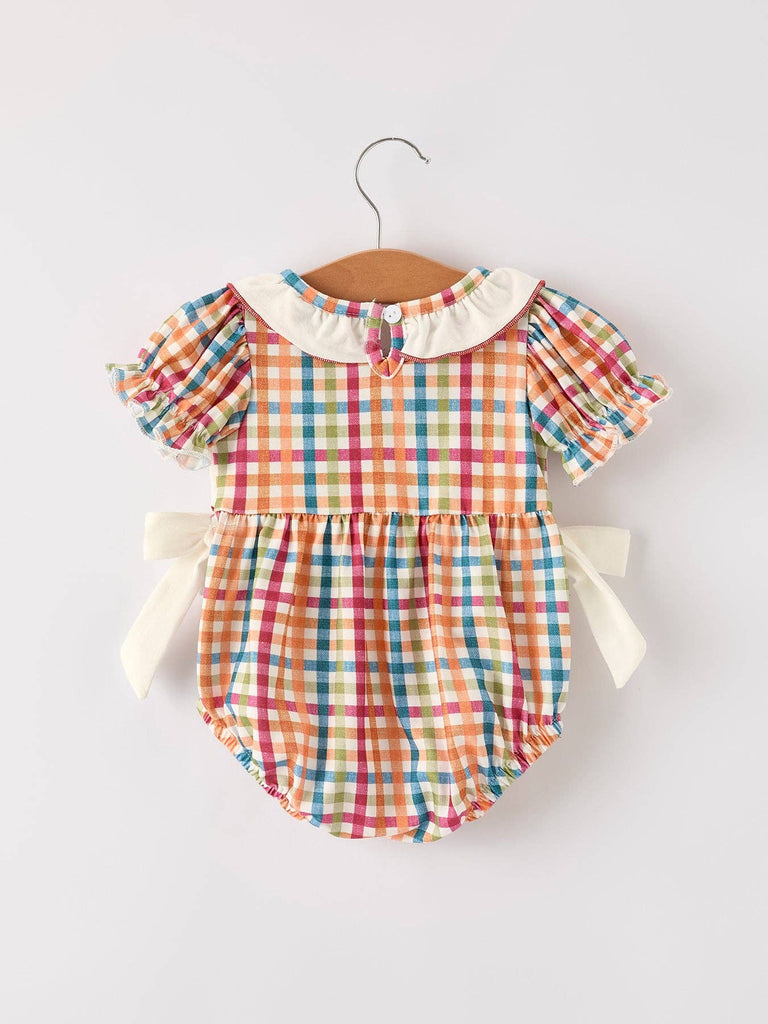 Fall Thanksgiving Color Plaid Turkey Embroidery Smocked Girls Bubble - The Edit LLC