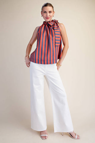 Navy/Orange Ruffle Neck Tie Sleeveless Stripe Top
