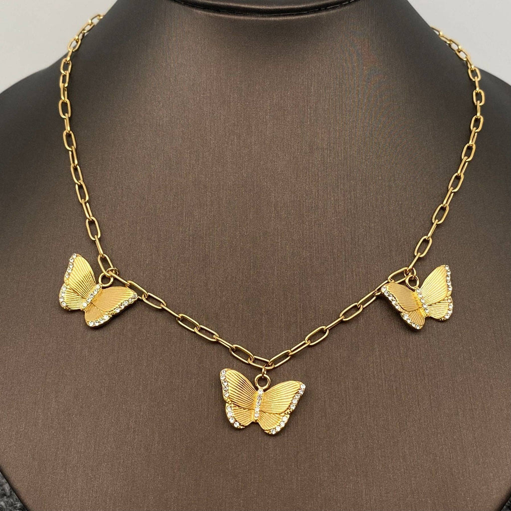 FGS - 3 Butterfly Charm Inlaid CZ 18K Gold Plated SS Necklace - The Edit LLC