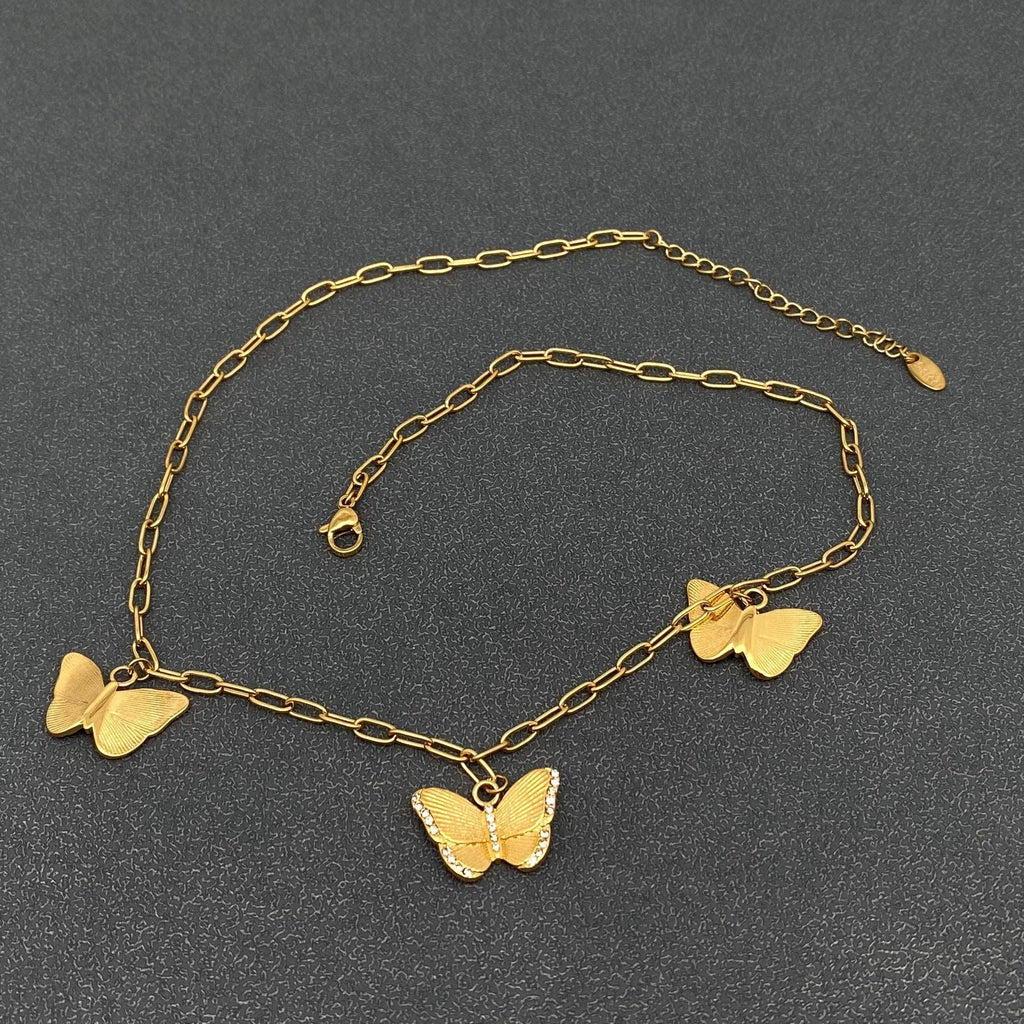 FGS - 3 Butterfly Charm Inlaid CZ 18K Gold Plated SS Necklace - The Edit LLC
