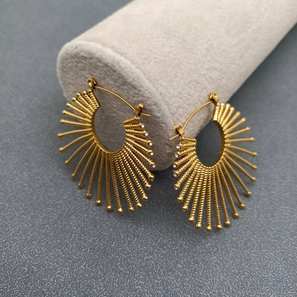 FGS - Inlaid CZ Fan - shaped 18K Gold - plated SS Hoop Earrings - The Edit LLC