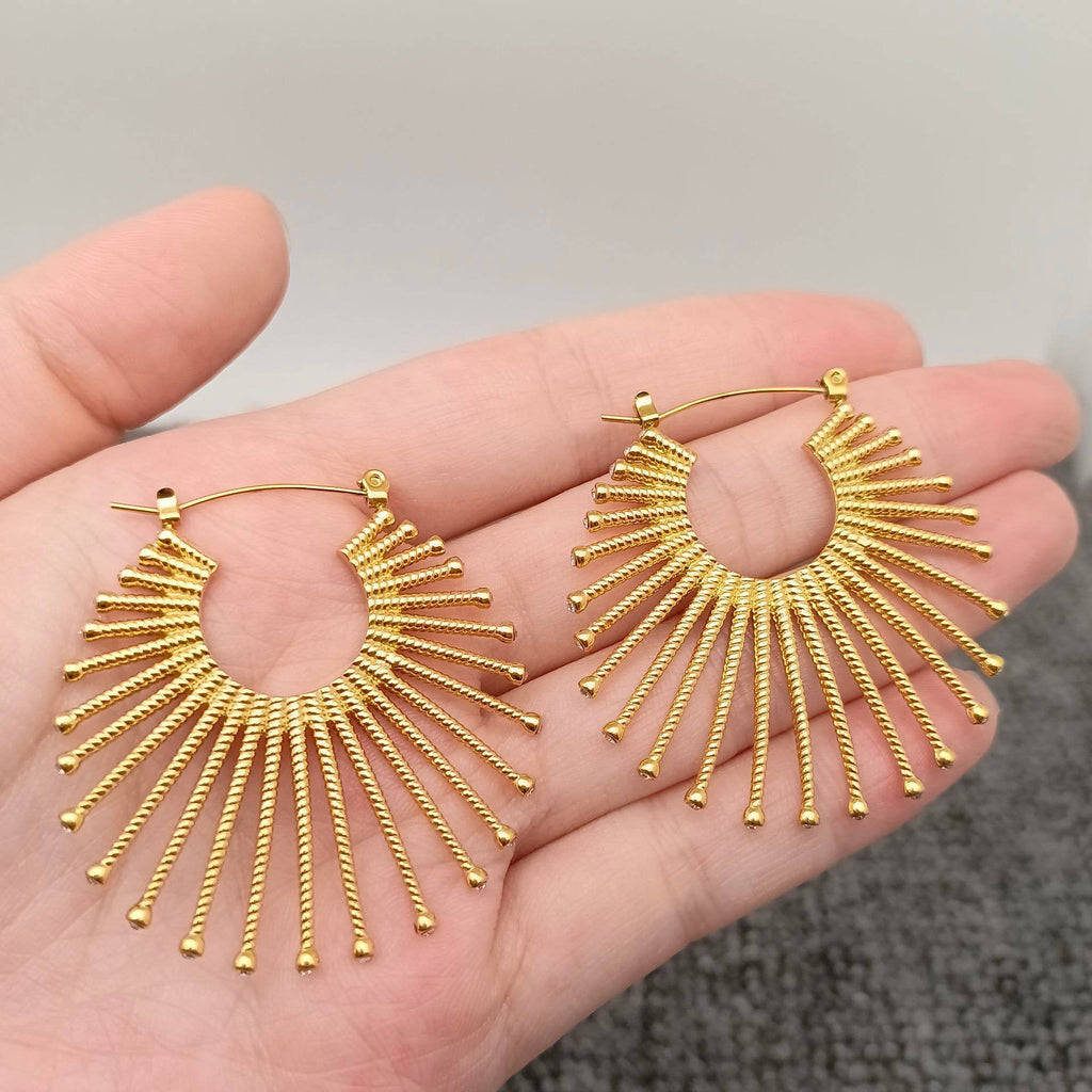 FGS - Inlaid CZ Fan - shaped 18K Gold - plated SS Hoop Earrings - The Edit LLC