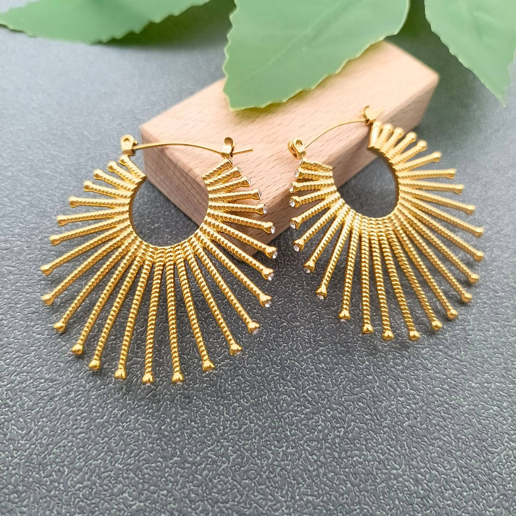 FGS - Inlaid CZ Fan - shaped 18K Gold - plated SS Hoop Earrings - The Edit LLC