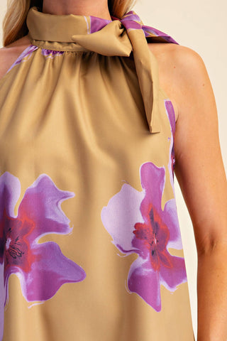 Floral Print Mini Dress Adjustable Tie Neck : Brick / S - The Edit LLC