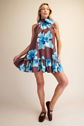 Floral Print Mini Dress Adjustable Tie Neck : Brick / S - The Edit LLC