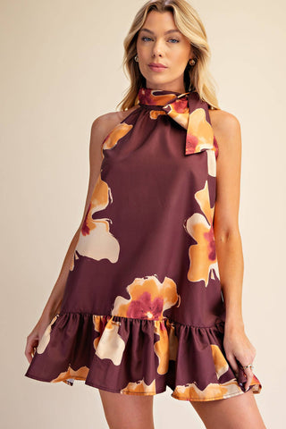Floral Print Mini Dress Adjustable Tie Neck : Brick / S - The Edit LLC