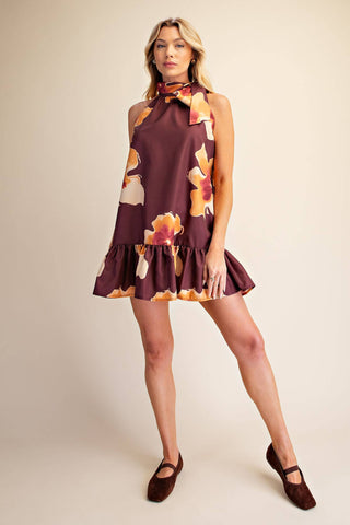 Floral Print Mini Dress Adjustable Tie Neck : Brick / S - The Edit LLC