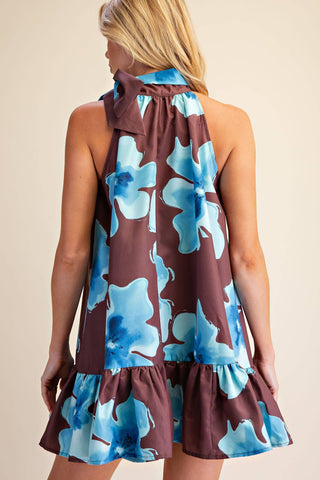 Floral Print Mini Dress Adjustable Tie Neck : Brick / S - The Edit LLC