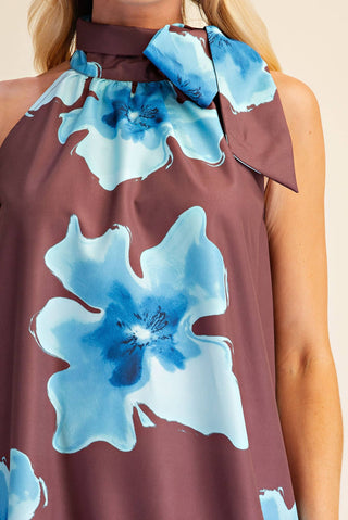 Floral Print Mini Dress Adjustable Tie Neck : Brick / S - The Edit LLC