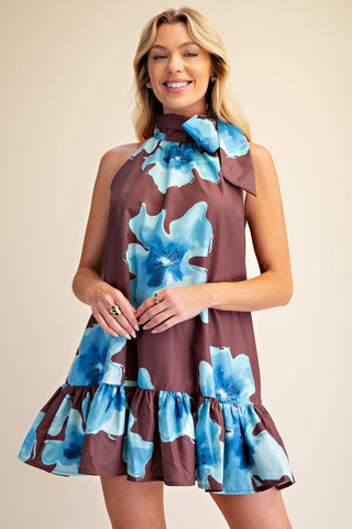 Floral Print Mini Dress Adjustable Tie Neck : Brick / S - The Edit LLC