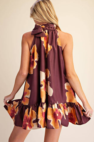 Floral Print Mini Dress Adjustable Tie Neck : Brick / S - The Edit LLC