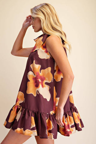 Floral Print Mini Dress Adjustable Tie Neck : Brick / S - The Edit LLC
