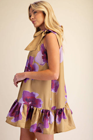 Floral Print Mini Dress Adjustable Tie Neck : Brick / S - The Edit LLC