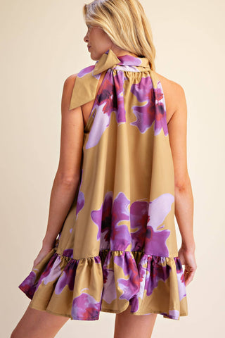Floral Print Mini Dress Adjustable Tie Neck : Brick / S - The Edit LLC