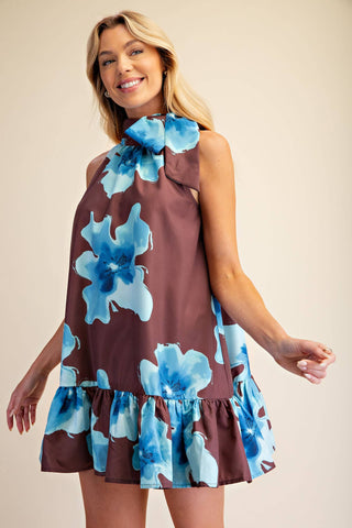 Floral Print Mini Dress Adjustable Tie Neck : Brick / S - The Edit LLC