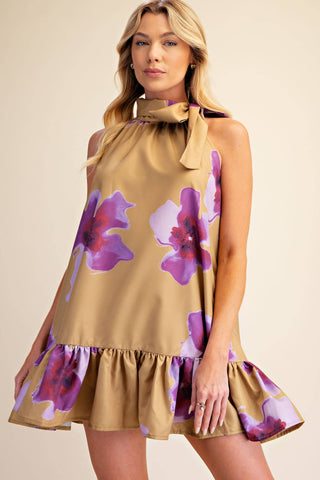 Floral Print Mini Dress Adjustable Tie Neck : Brick / S - The Edit LLC