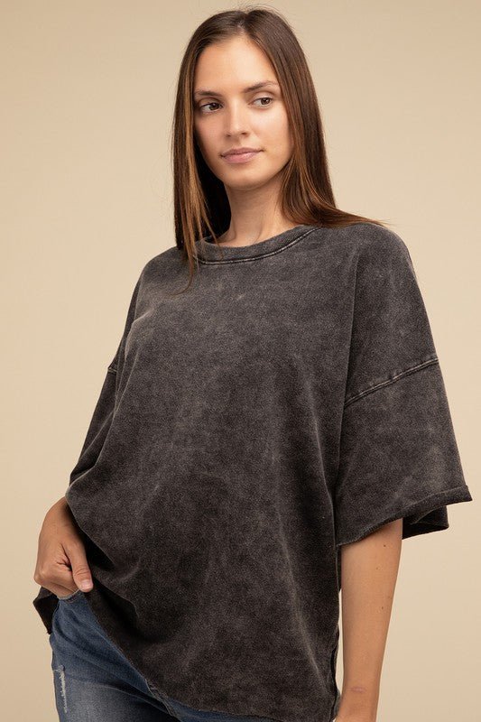 French Terry Washed Drop Shoulder Short Sleeve Top - The Edit LLC