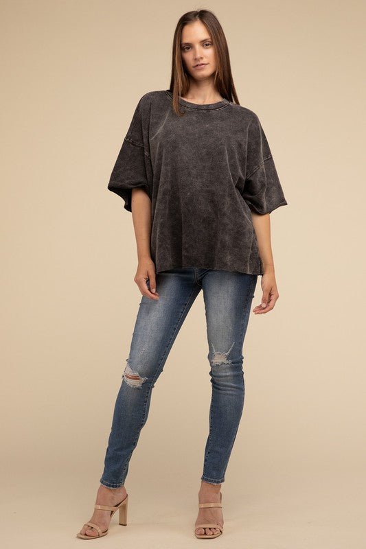 French Terry Washed Drop Shoulder Short Sleeve Top - The Edit LLC