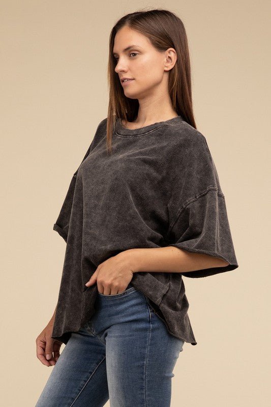 French Terry Washed Drop Shoulder Short Sleeve Top - The Edit LLC