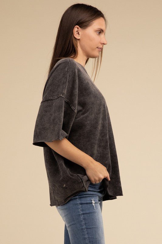 French Terry Washed Drop Shoulder Short Sleeve Top - The Edit LLC