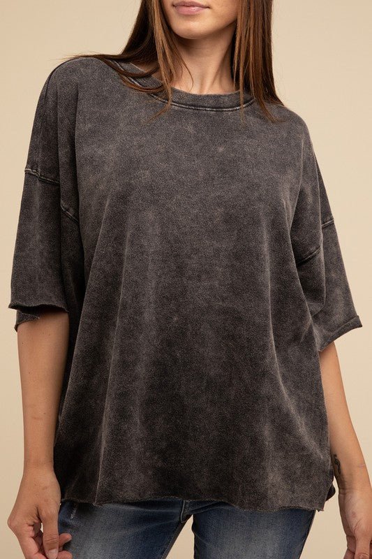 French Terry Washed Drop Shoulder Short Sleeve Top - The Edit LLC