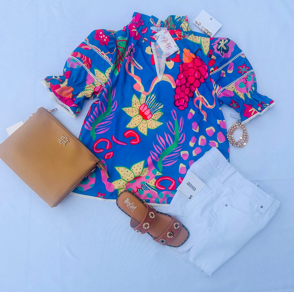 Frill V - neck Abstract Print Blouse - The Edit LLC