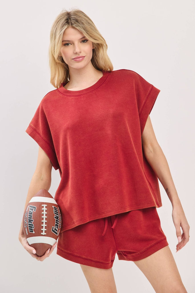 GAME DAY Mineral Washed Top and Shorts Set: BURGUNDY - The Edit LLC