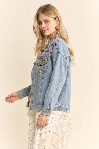 Gemstone Studded Washed Denim Jacket - The Edit LLC