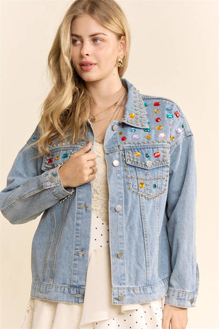 Gemstone Studded Washed Denim Jacket - The Edit LLC