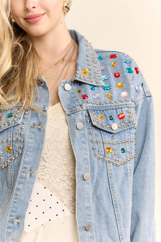Gemstone Studded Washed Denim Jacket - The Edit LLC