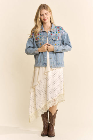 Gemstone Studded Washed Denim Jacket - The Edit LLC