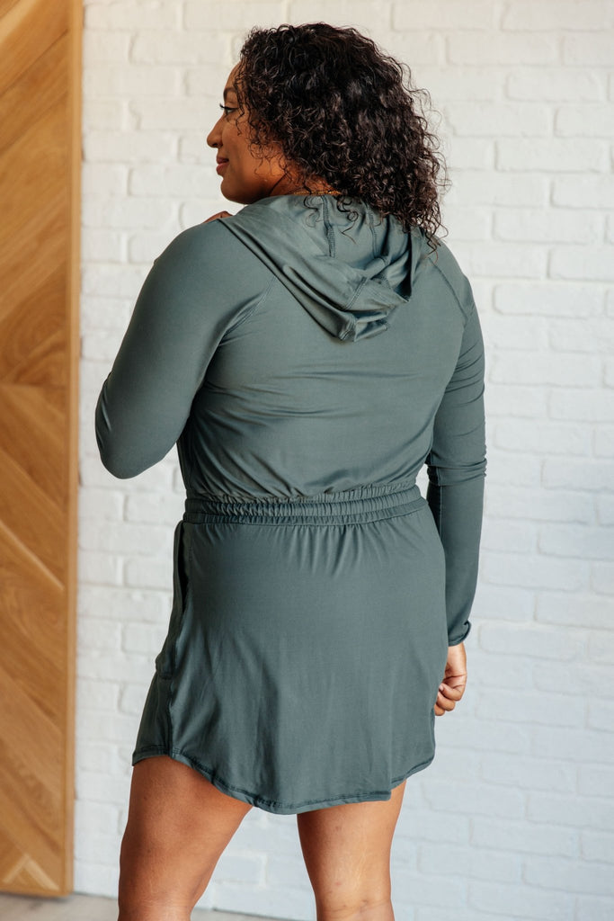 Getting Out Long Sleeve Hoodie Romper in Smoked Spruce - The Edit LLC