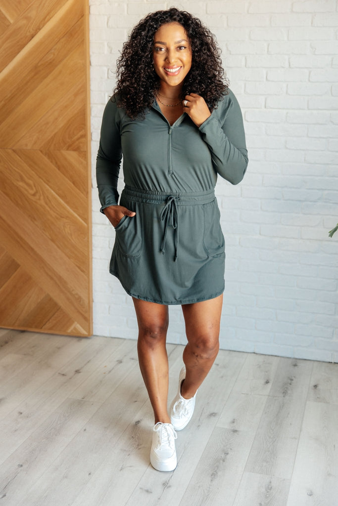 Getting Out Long Sleeve Hoodie Romper in Smoked Spruce - The Edit LLC