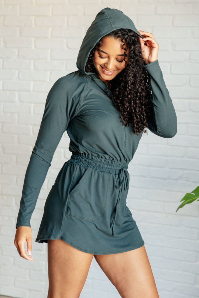 Getting Out Long Sleeve Hoodie Romper in Smoked Spruce - The Edit LLC