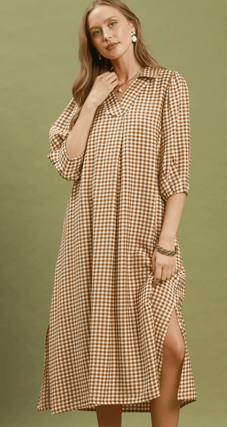 Gingham Check Collared Midi Dress - The Edit LLC