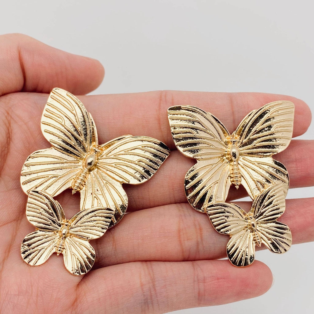 Gold Double Two Butterfly Earrings: Gold - The Edit LLC